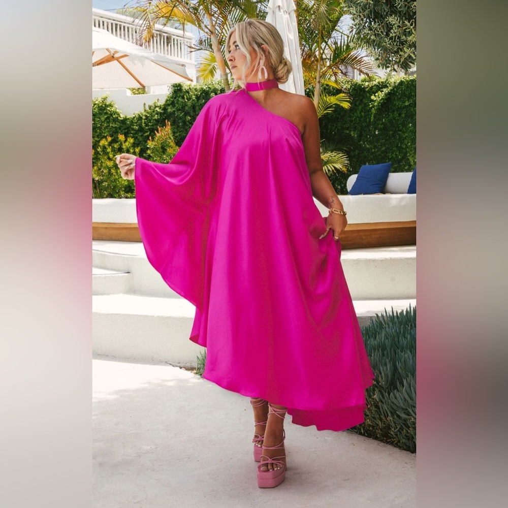 Show Me Your MuMu Rhea One-Shoulder Dress - Hot Pink Lux Satin Size XXL